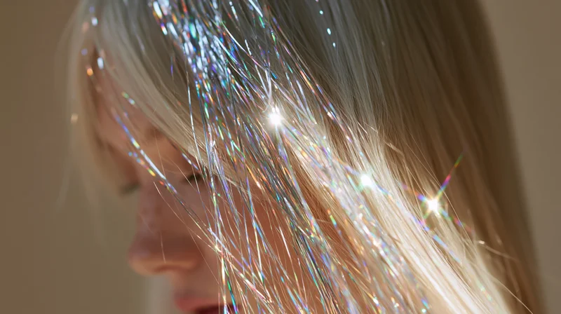 Close-up of a woman’s blonde hair with sparkling tinsel strands cascading forward in profile