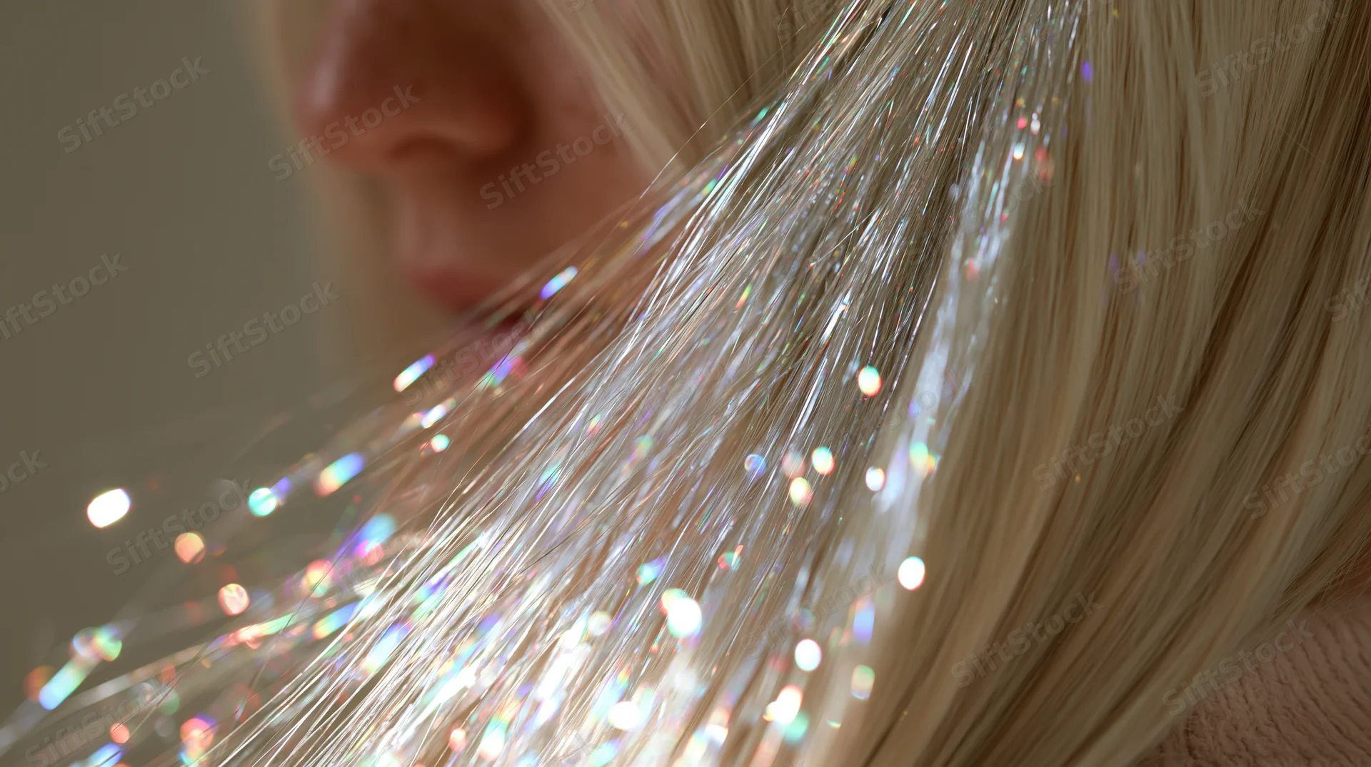 Close-up of a woman's long straight blonde hair with sparkling light reflections cascading forward