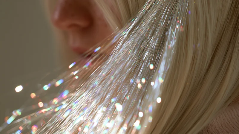 Close-up of a woman's long straight blonde hair with sparkling light reflections cascading forward