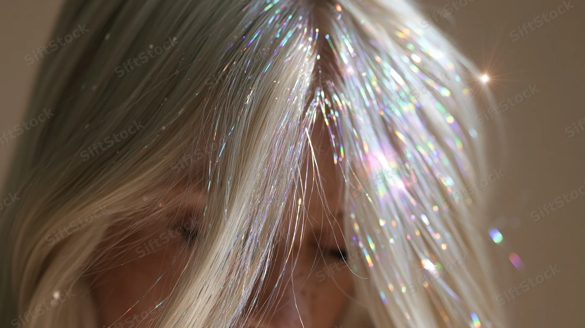Close-up of a woman’s long straight blonde hair with shimmering iridescent highlights cascading forward over her face