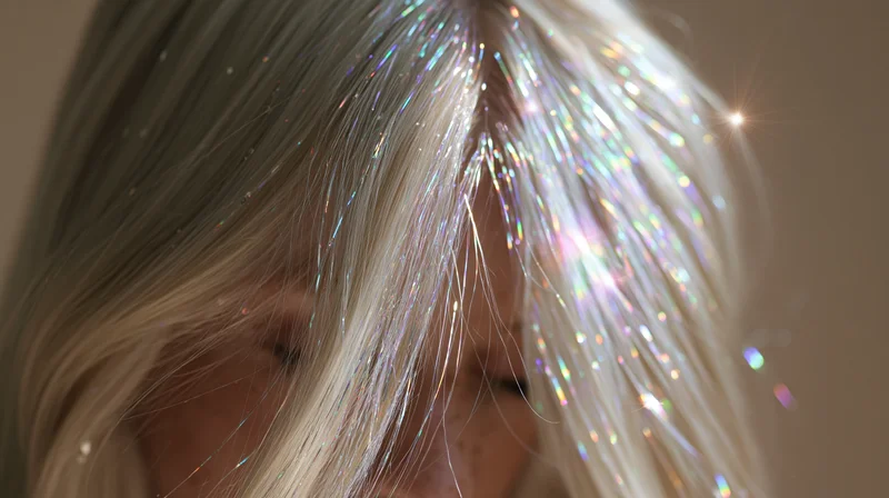 Close-up of a woman’s long straight blonde hair with shimmering iridescent highlights cascading forward over her face