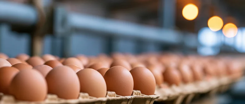 Brown chicken eggs arranged in cardboard trays in a farm production facility