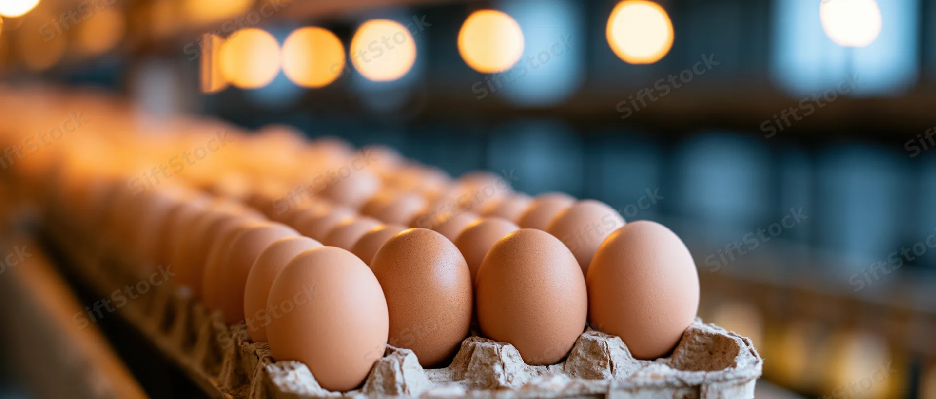 Brown chicken eggs arranged in a cardboard tray on a conveyor in a farm processing facility