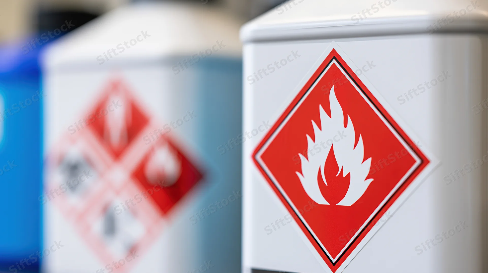 Close-up of red flammable hazard symbol on white chemical container in laboratory setting