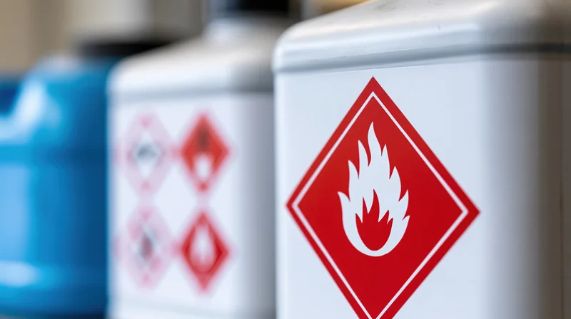 Close-up of red flammable hazard symbol on white chemical container in row