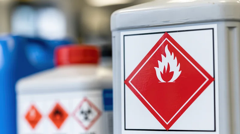 Close-up of flammable hazard warning label on white chemical container in industrial setting