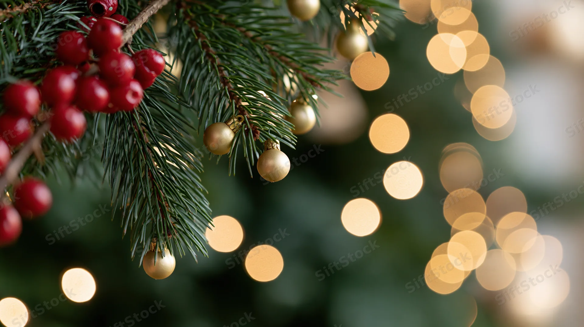 Pine tree branches with gold ornaments and red berries against blurred holiday lights