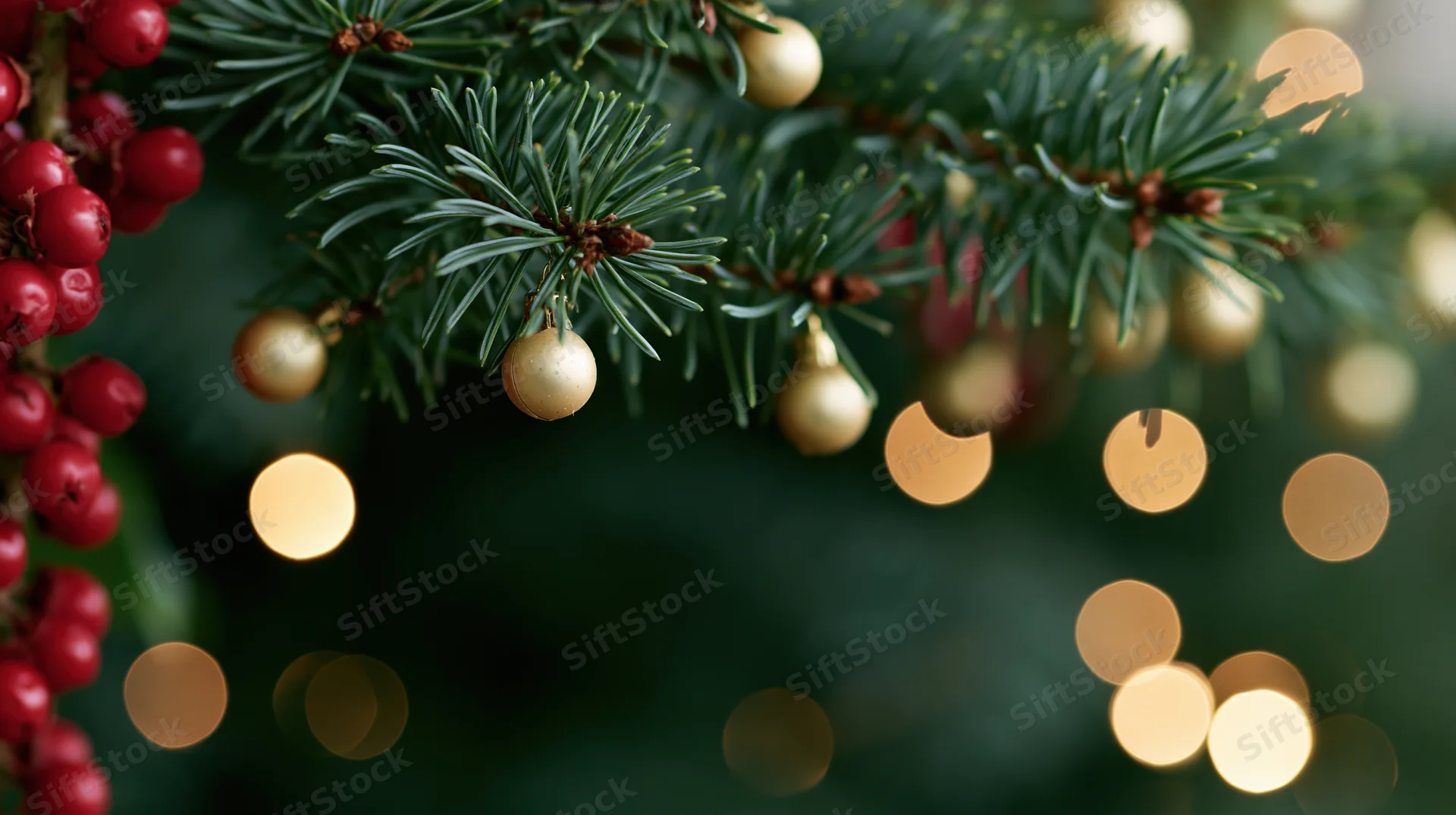 Close-up of pine tree branches with gold ornaments and red berries, blurred lights in background