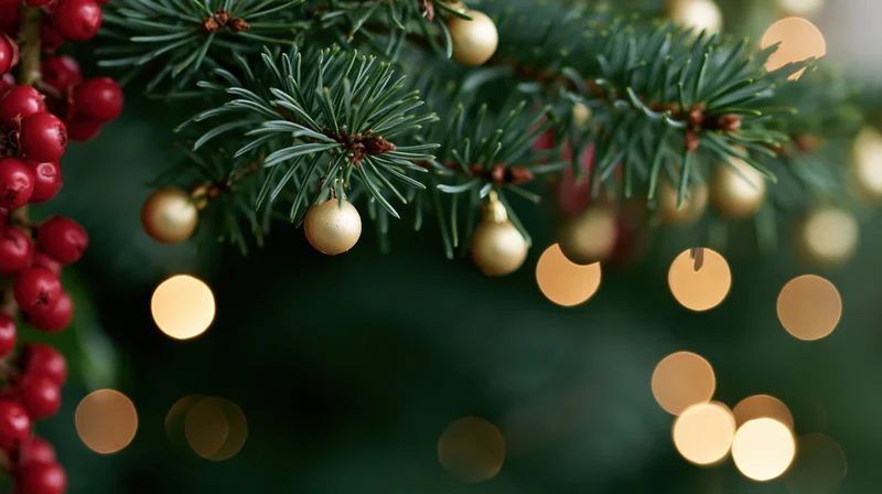 Close-up of pine tree branches with gold ornaments and red berries, blurred lights in background
