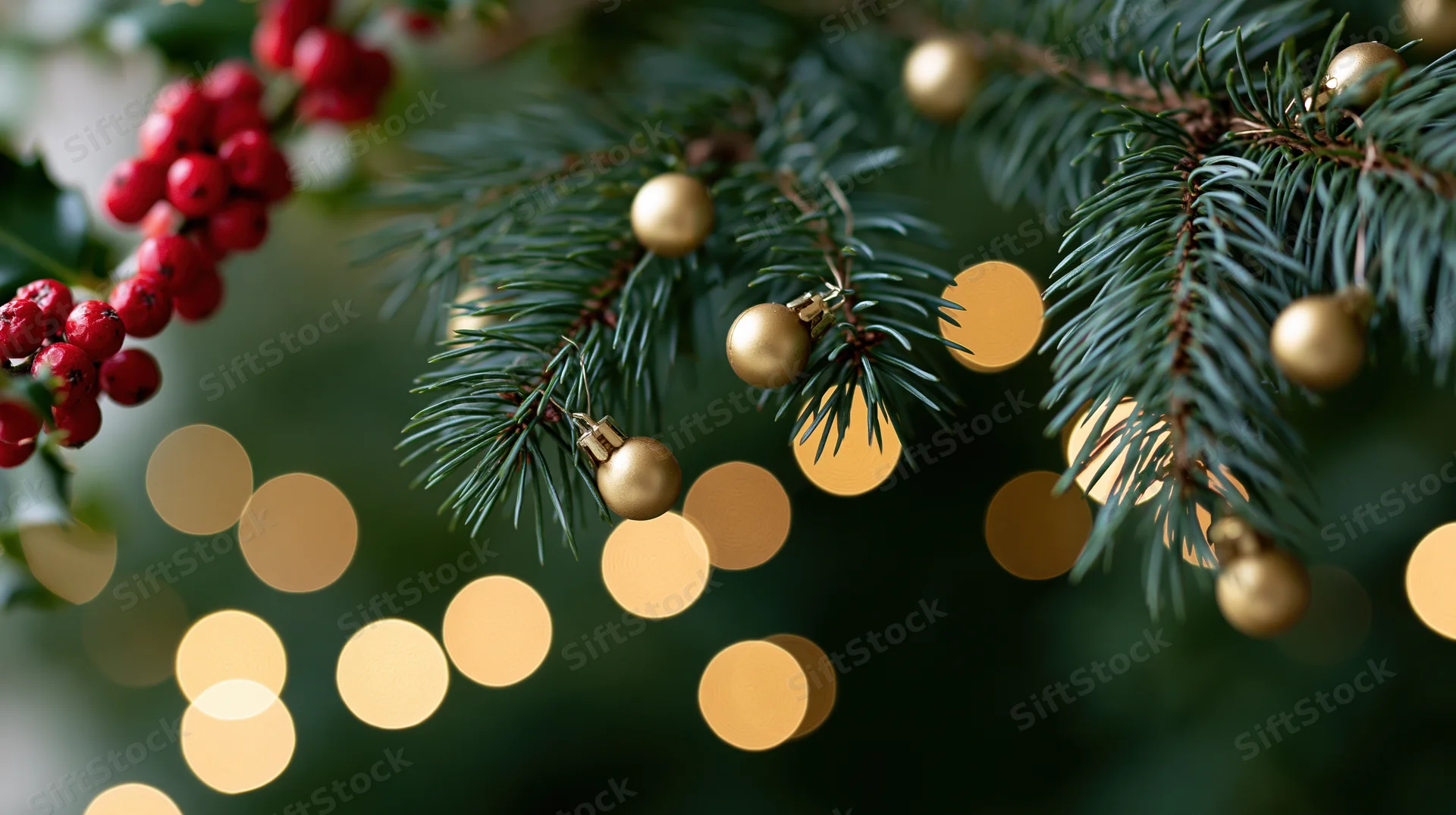 Pine tree branches with gold ornaments and red holly berries against blurred warm lights