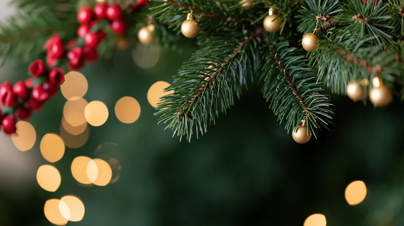 Pine tree branches with gold ornaments and red berries against blurred holiday lights