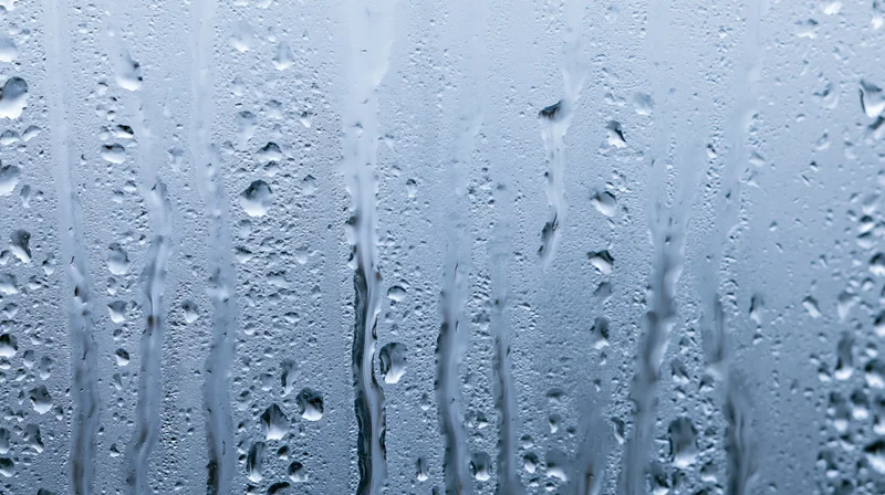 Rainwater droplets and streaks on a glass surface
