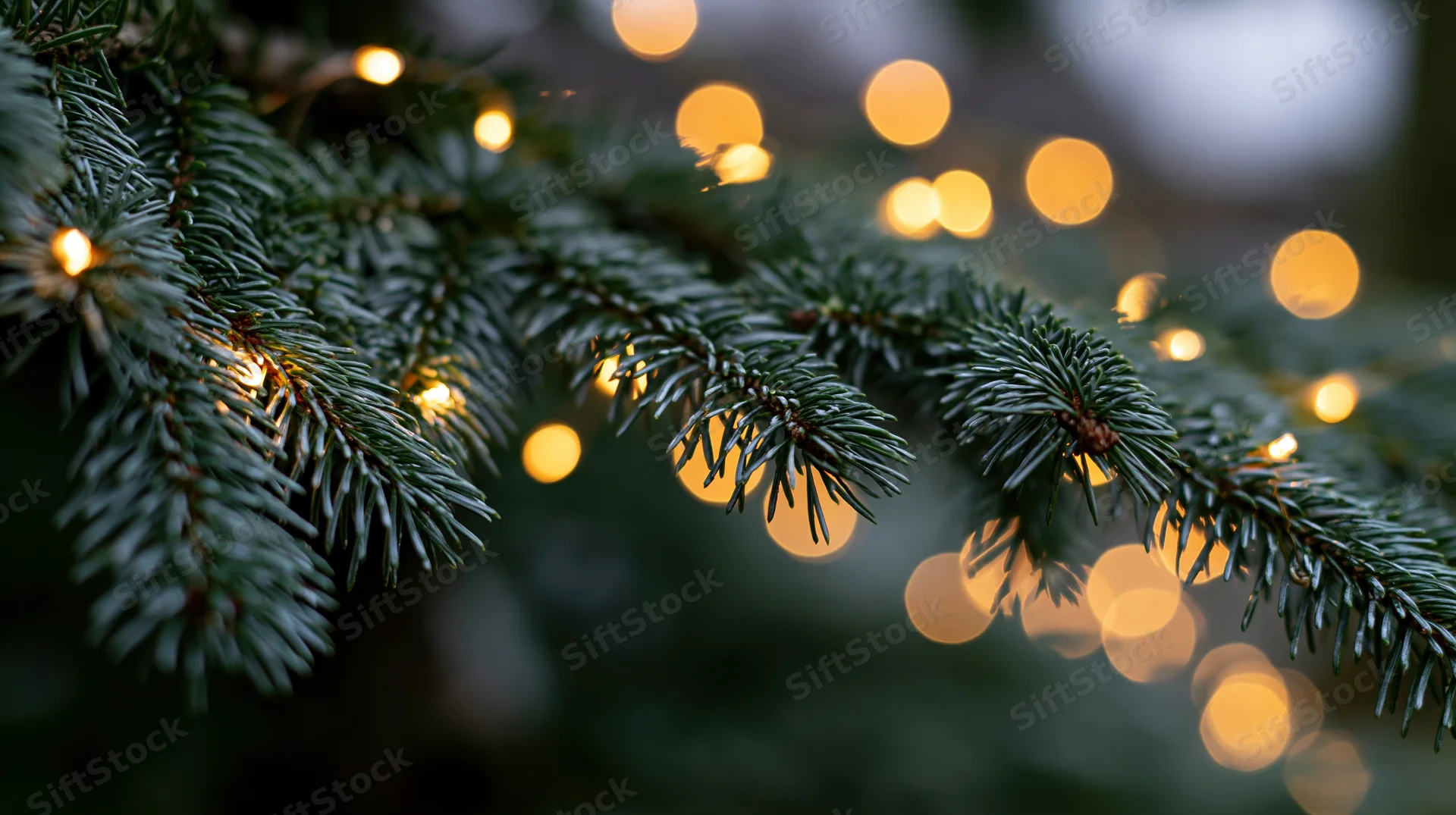 Close-up of spruce branches with warm fairy lights glowing softly against a blurred background