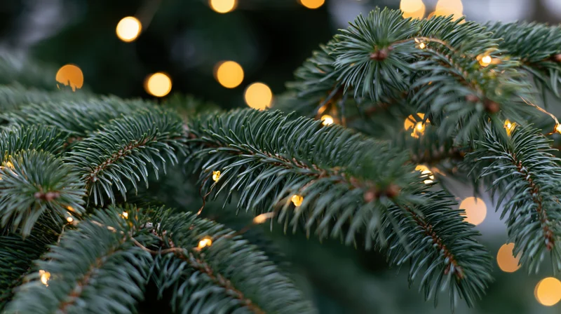 Close-up of spruce branches with warm fairy lights in a holiday setting