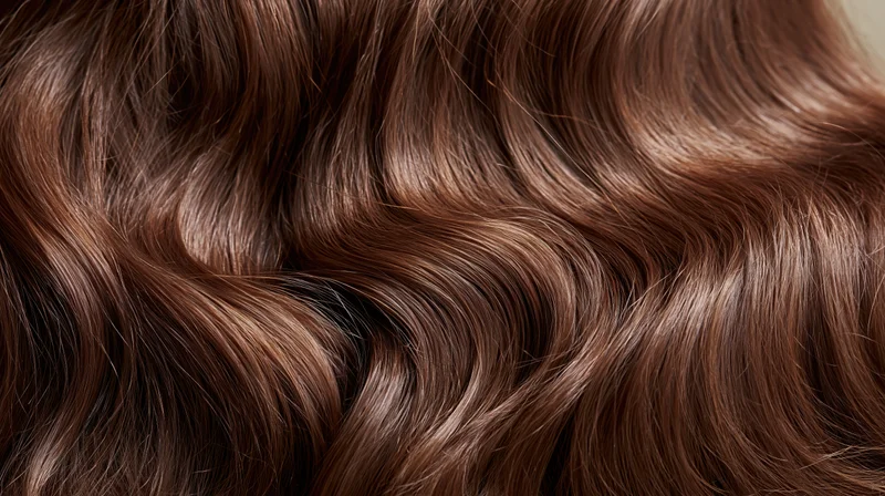 Close-up of glossy brown wavy hair filling the frame