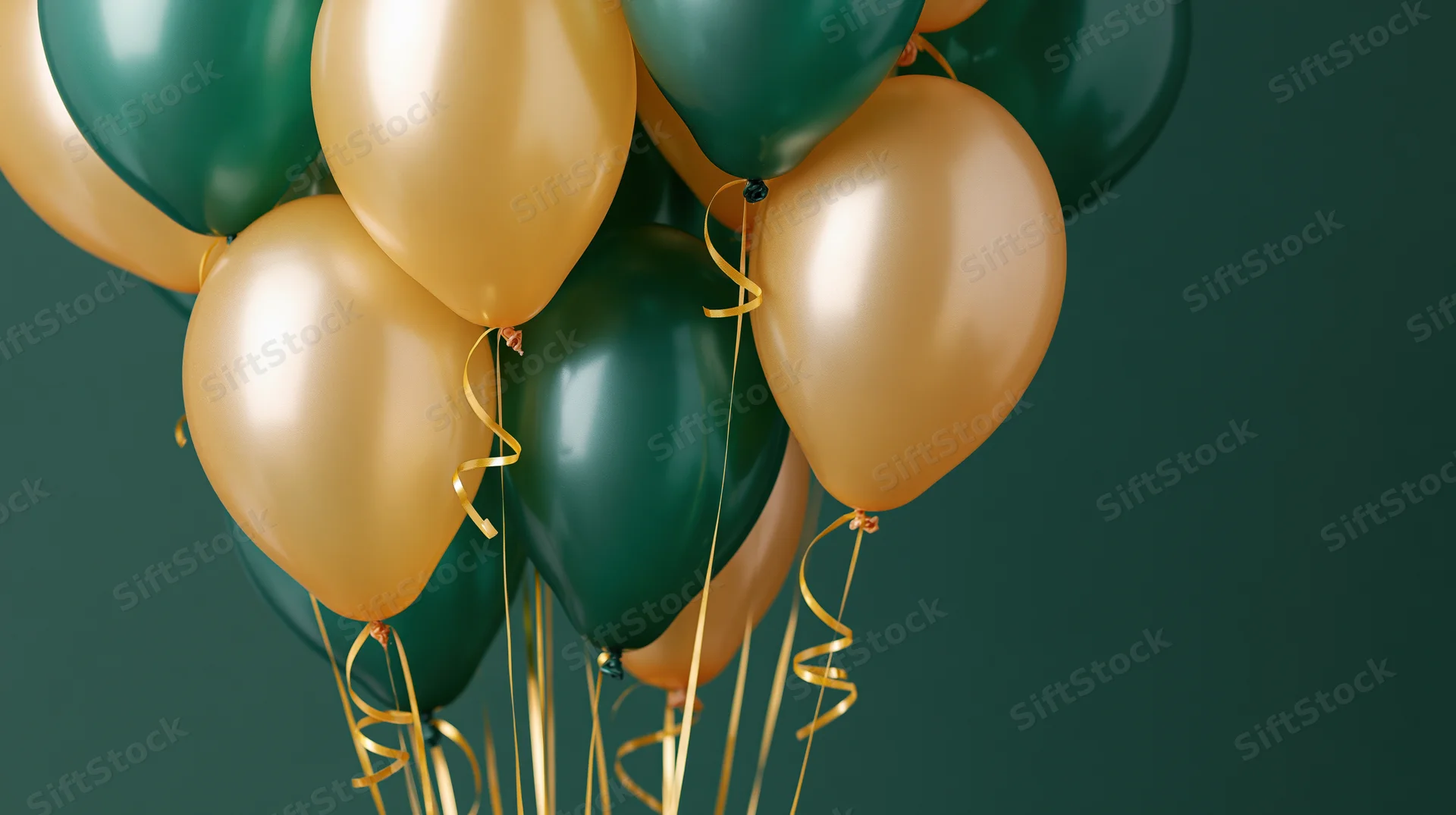 Cluster of emerald green and champagne gold latex balloons floating against dark green background with copyspace
