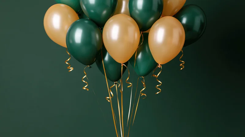 Cluster of emerald green and champagne gold latex balloons floating against dark green background