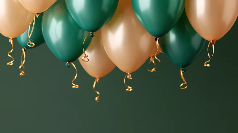 Cluster of emerald green and champagne gold latex balloons floating against dark background with copyspace below