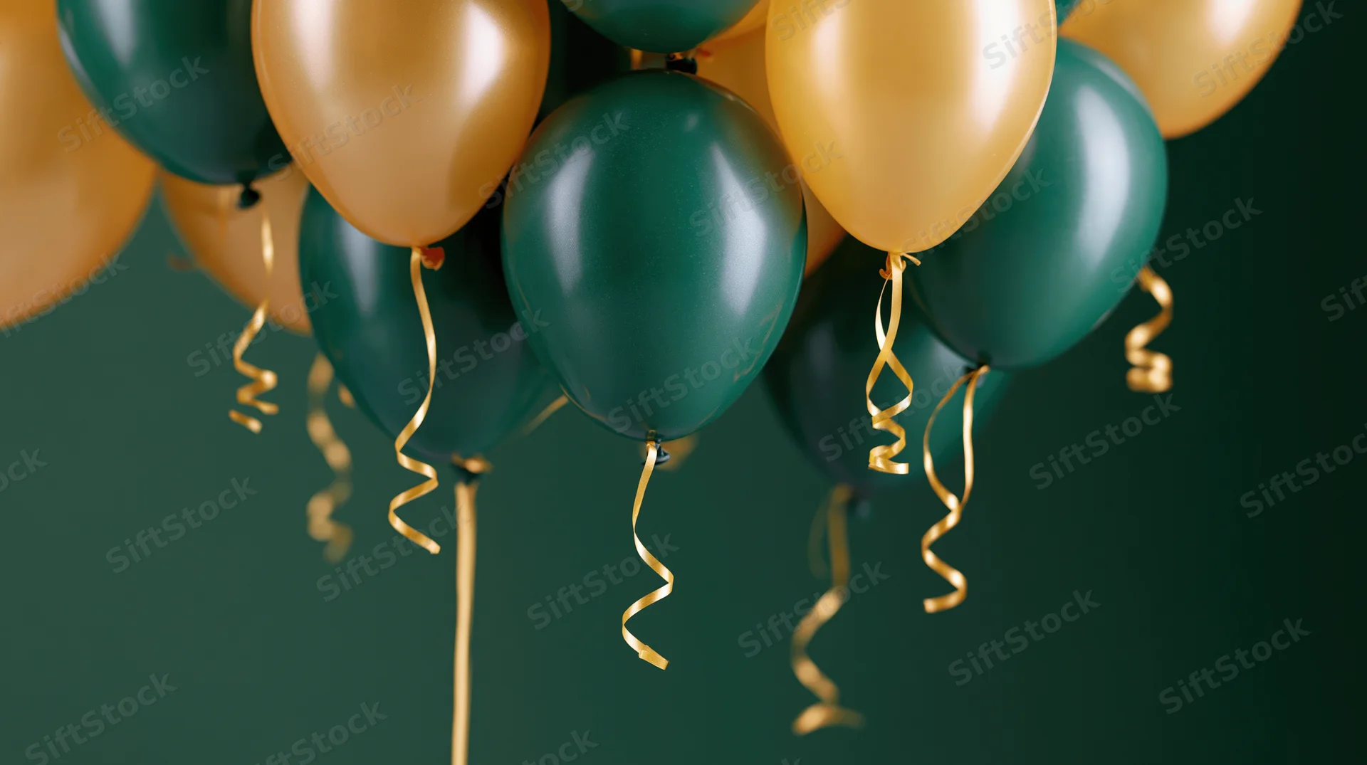 Cluster of green and gold latex balloons floating against a dark green background with gold ribbons