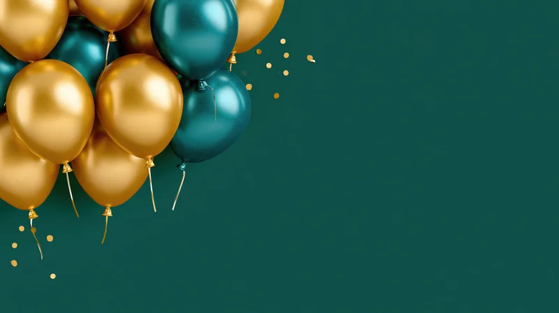 Metallic gold and teal balloons clustered in corner against dark green background with confetti and copyspace