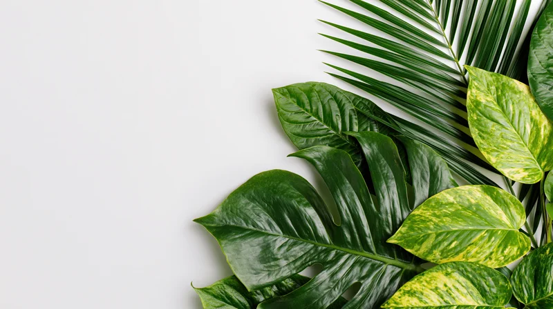 Mixed tropical leaves arranged in bottom-right corner on white surface