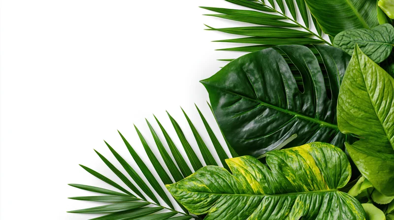 Cluster of mixed tropical leaves arranged in the bottom-right on white background