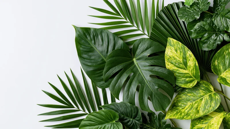 Mixed tropical leaves arranged in bottom-right corner on white surface