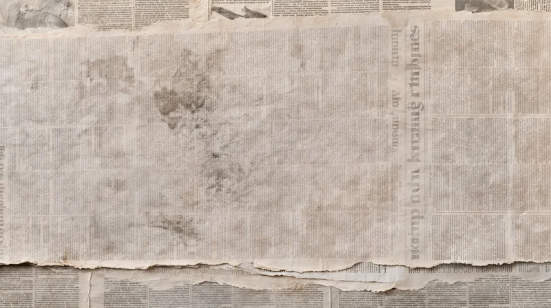 Overlapping aged newspaper pages layered flat with torn edges and visible text columns