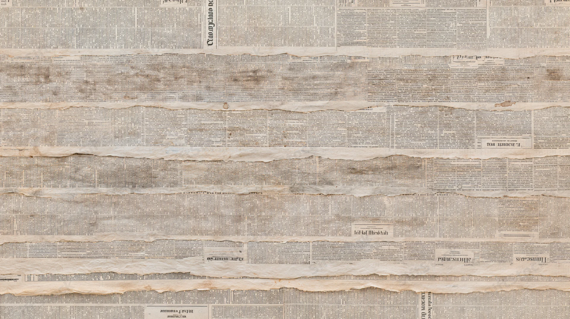 Overlapping aged newspaper pages layered flat to form a textured collage background