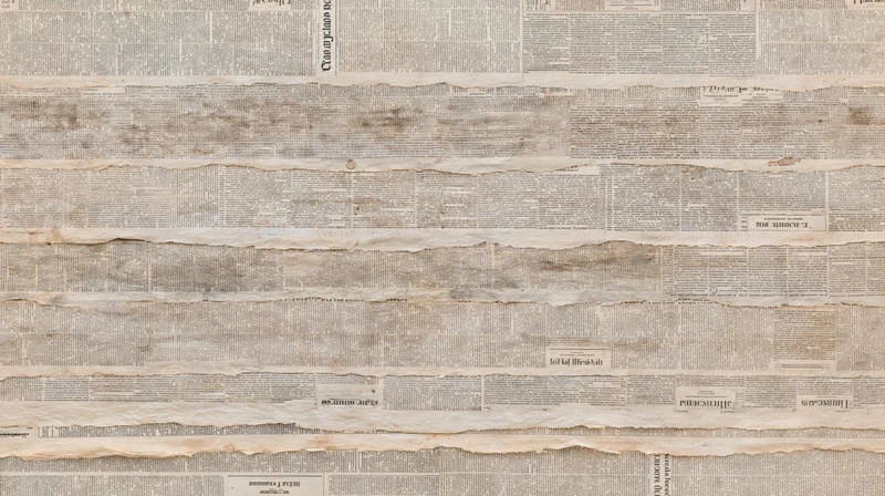 Overlapping aged newspaper pages layered flat to form a textured collage background