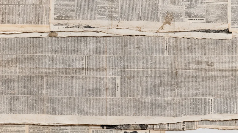 Overlapping aged newspaper pages layered flat to form a textured collage with visible text and torn edges