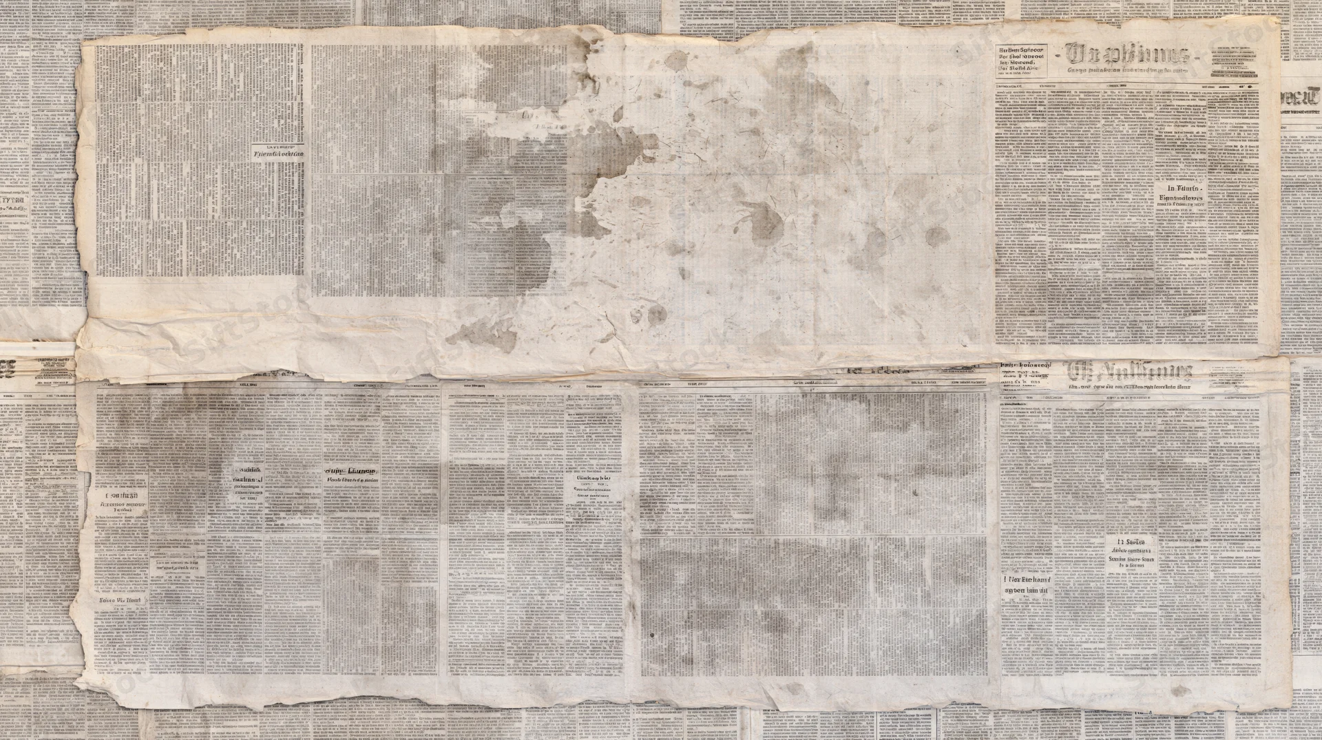 Overlapping aged newspaper pages layered flat to form a textured collage background