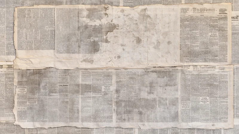 Overlapping aged newspaper pages layered flat to form a textured collage background