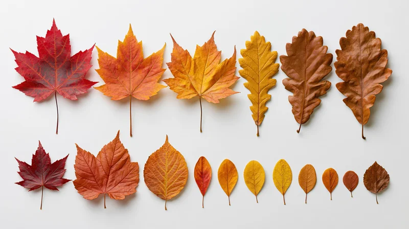 Dried autumn leaves arranged in two rows by color and size on white background