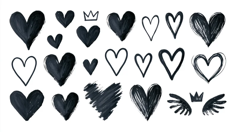 Hand-drawn black heart doodles in various styles and sizes on white background