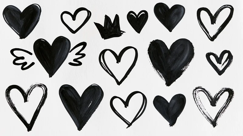 Hand-drawn black hearts and symbols on white paper