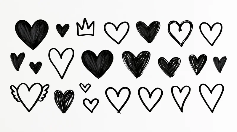 Hand-drawn heart doodles in various sizes and styles on white background