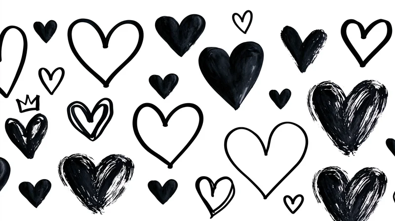 Hand-drawn heart doodles in various styles scattered across white background