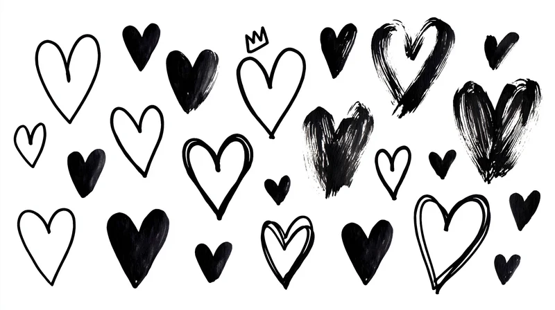 Hand-drawn heart doodles in various styles scattered across white background
