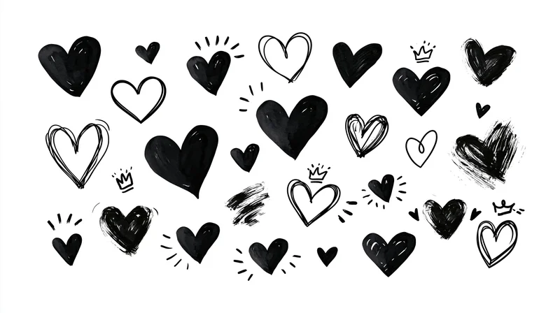 Hand-drawn hearts in various styles and sizes on white background