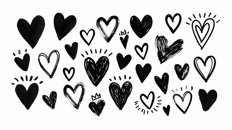 Hand-drawn hearts in various sizes and styles on white background