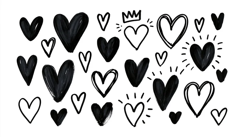 Hand-drawn black hearts in various styles scattered across a white background