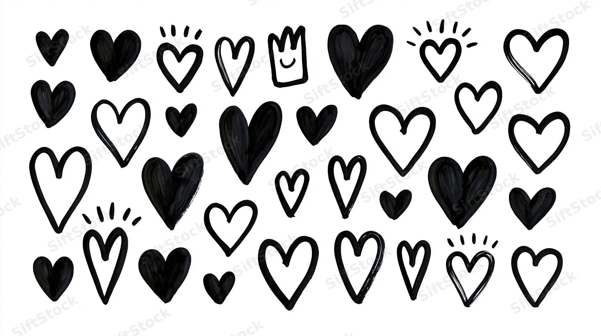 Hand-drawn black hearts of various sizes and styles scattered across a white background