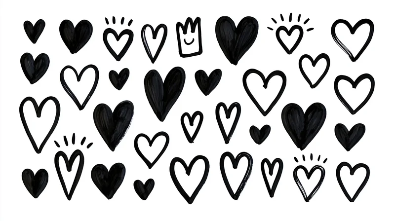 Hand-drawn black hearts of various sizes and styles scattered across a white background