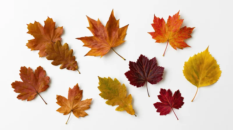 Nine autumn leaves scattered across a white background