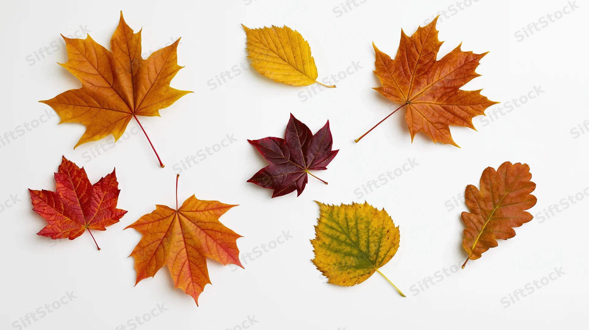 Nine autumn leaves scattered across a white surface in a flat lay arrangement
