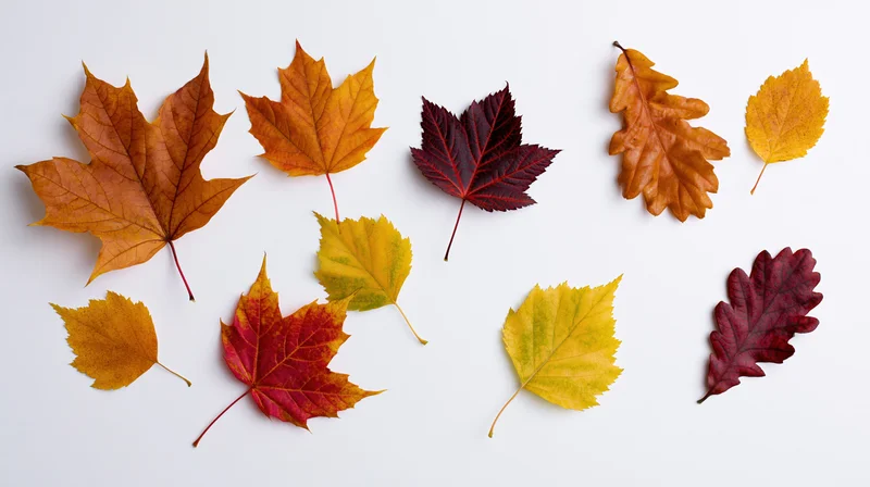 Nine autumn leaves scattered across a white background in a flat lay arrangement