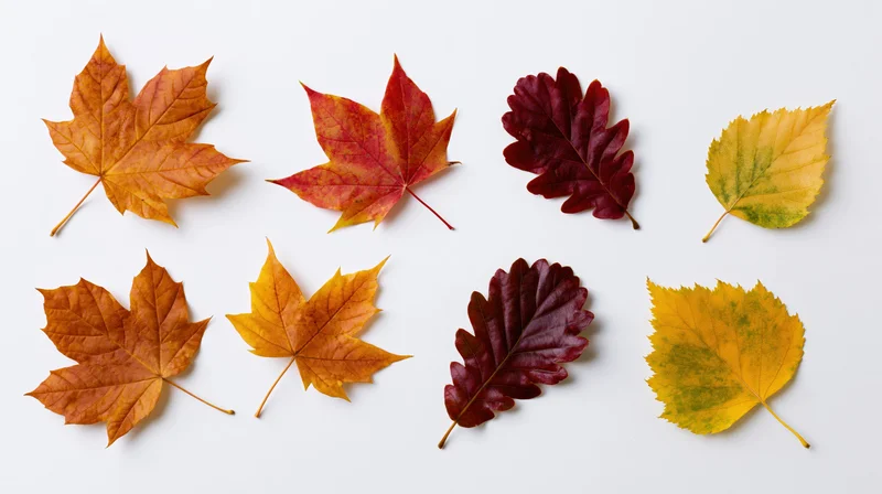 Nine autumn leaves arranged in two rows on a white background