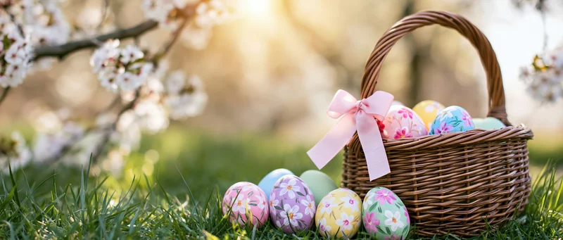 Colorful hand-painted easter eggs in a wicker basket on green grass with blooming cherry blossoms in the background