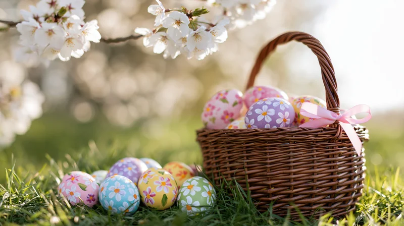 Decorated easter eggs in a wicker basket on green grass under cherry blossoms
